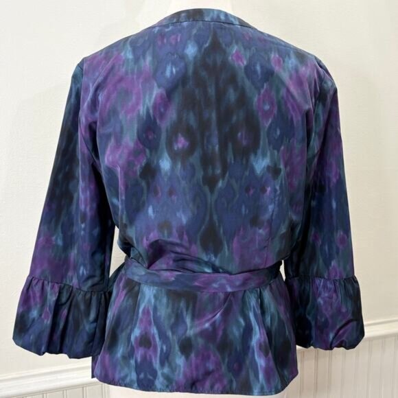 Lafayette 148 Size 10 Wrap Top Blouse Purple Blue Bell Sleeve Career Luxe Artsy - Picture 2 of 14